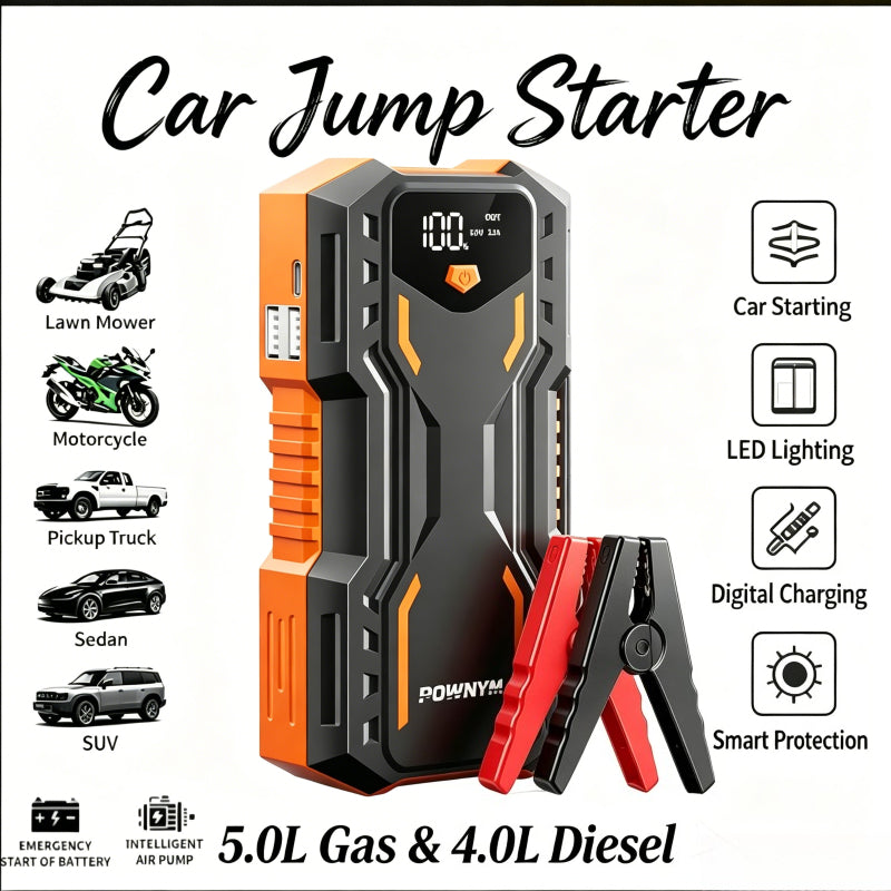 POWNYM DN31 Compact Auto Jump Starter 9200A Power Pack for 7.2L Gas & 3.5L Diesel, 3 Bright Light Modes & Premium Jumper Clamps, 12V