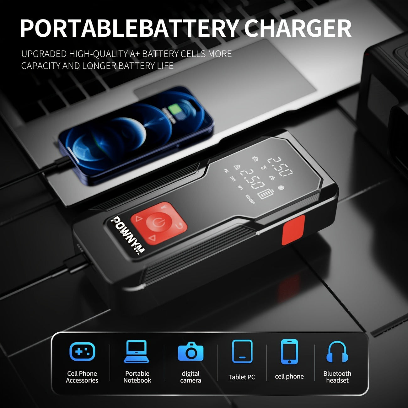 POWNYM QB08X  Air Portable Jump Starter with Air Compressor 150 PSI & 4000A Car Battery &12V Battery Charger Booster (6.0 Gas/3.0L Diesel)