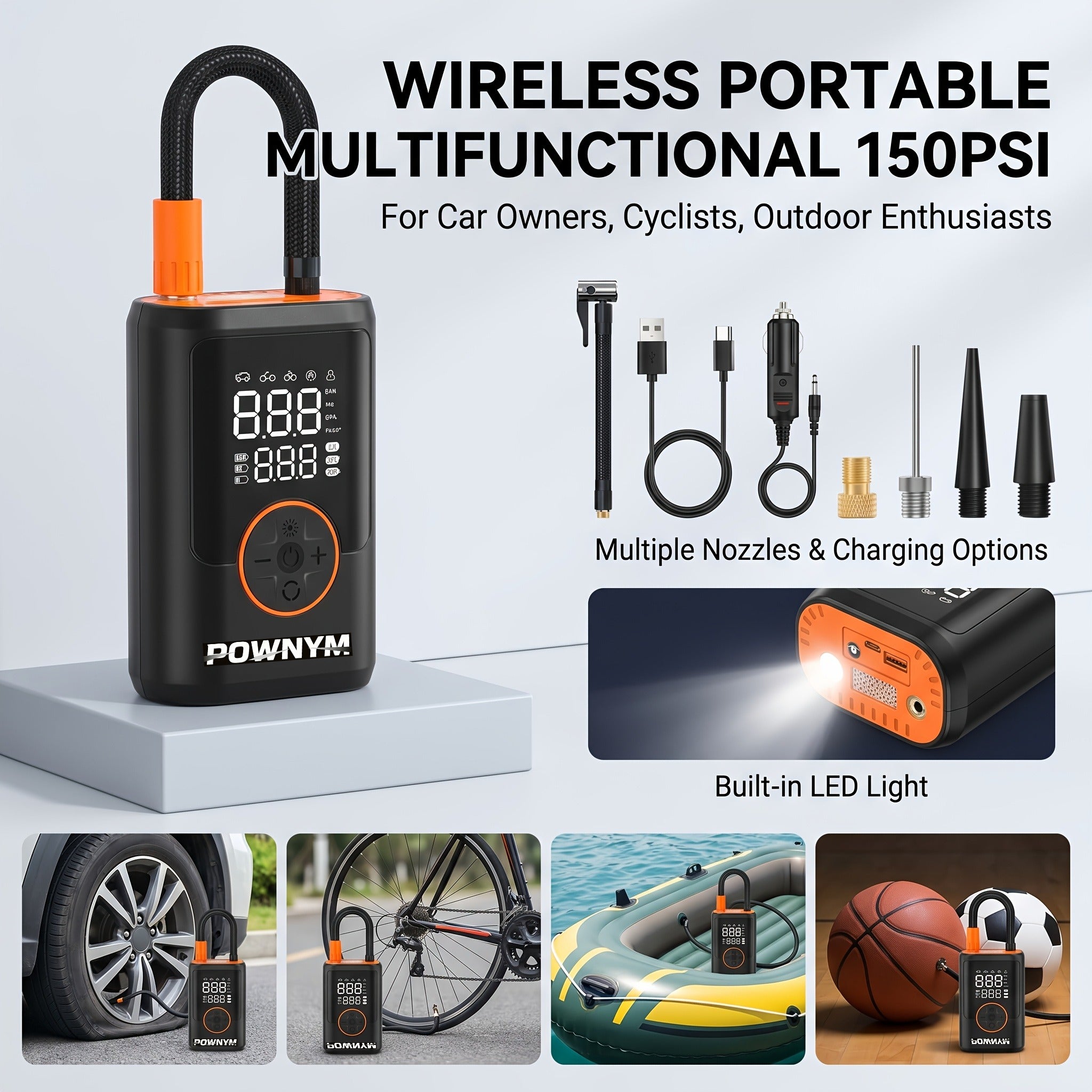 POWNYM  A7 Portable tire inflation pump  LED lighting, inflation nozzle with multifunctional adapter