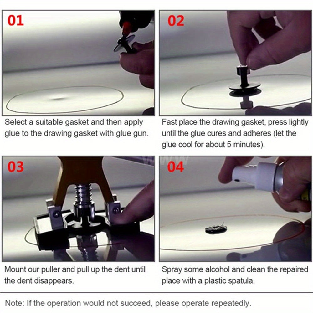 POWNYM 68PC car dent repair tool, equipped with T-bar, golden crane, car dent repair bridge puller, and hot melt adhesive strip