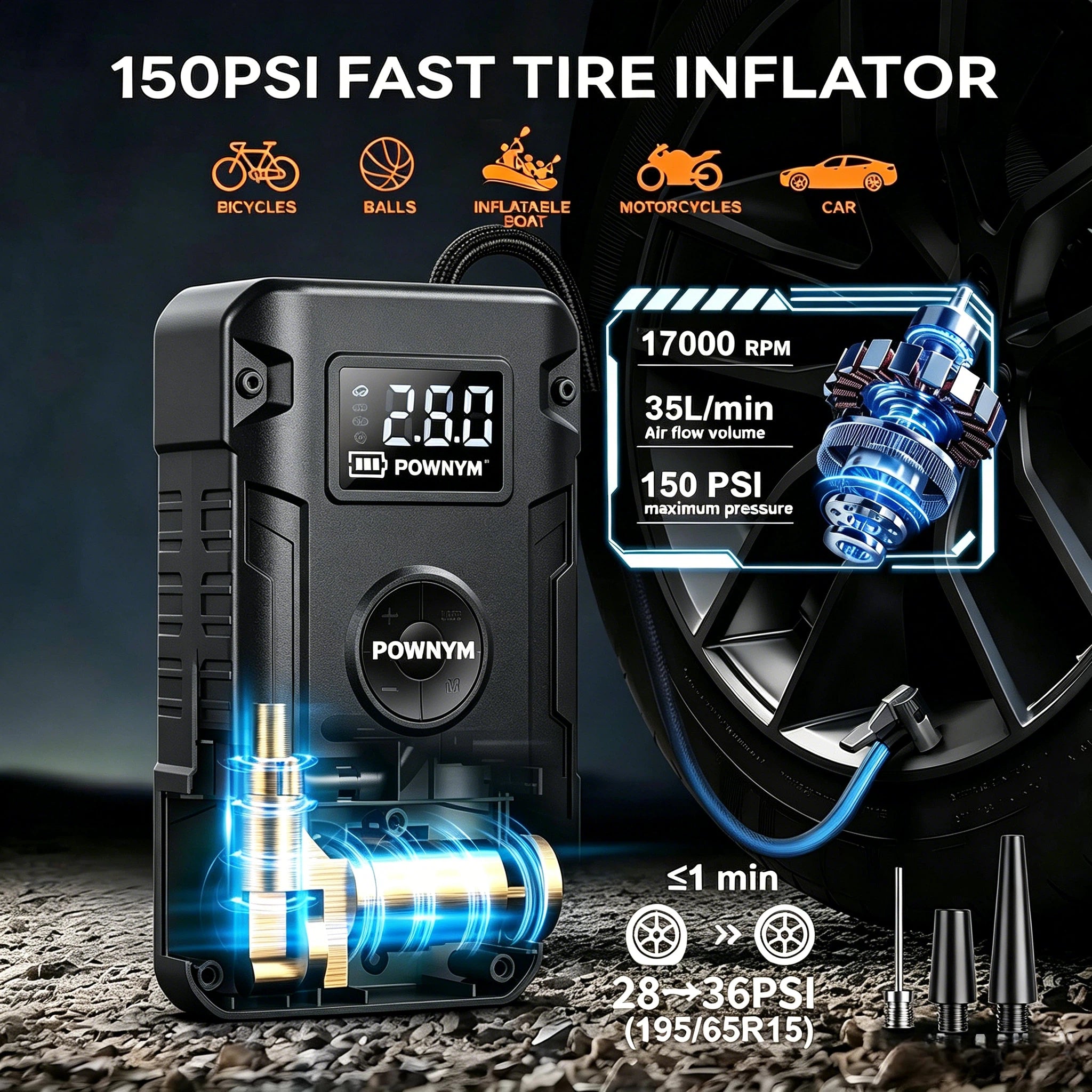 POWNYM G963  Air Portable Jump Starter with Air Compressor 150 PSI & 4000A Car Battery &12V Battery Charger Booster (6.0 Gas/3.0L Diesel)