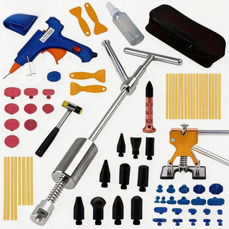 POWNYM 68PC car dent repair tool, equipped with T-bar, golden crane, car dent repair bridge puller, and hot melt adhesive strip
