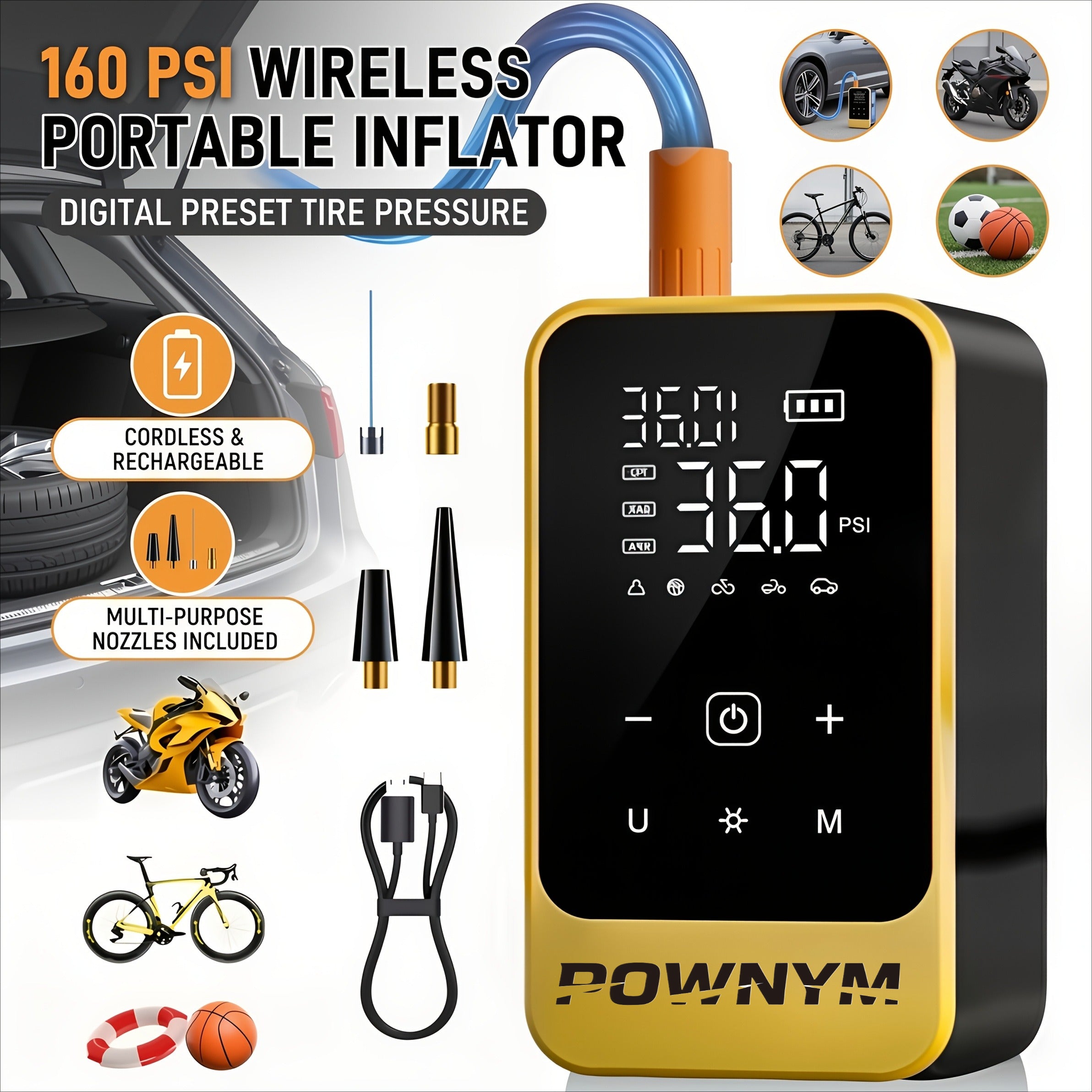 POWNYM 221B Compact Wireless Electric Inflator, Digital Tire Pressure Gauge Pump for Car Motorcycle Balls