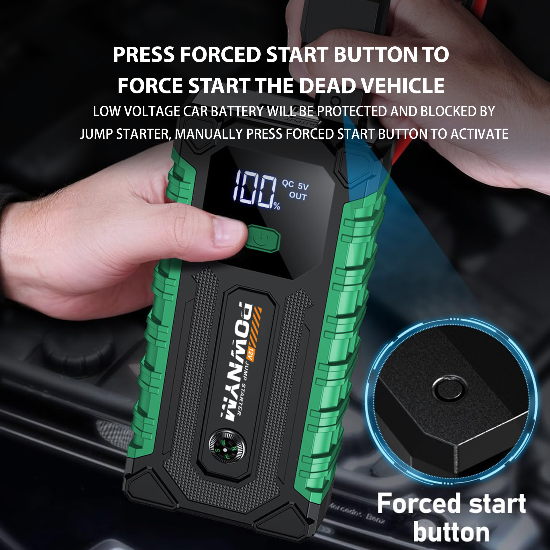 POWNYM G987 Car Battery Jump Starter with 6000A Battery Pack for Up to 6.0L Gas & 3.0L Diesel Engines, 3 Modes Flashlight and Jumper Cable, 12V