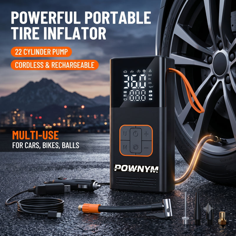 POWNYM A10 Wireless Tire Inflator, Built-in Digital Pressure Gauge Portable Electric Air Compressor for Car Bike SUV