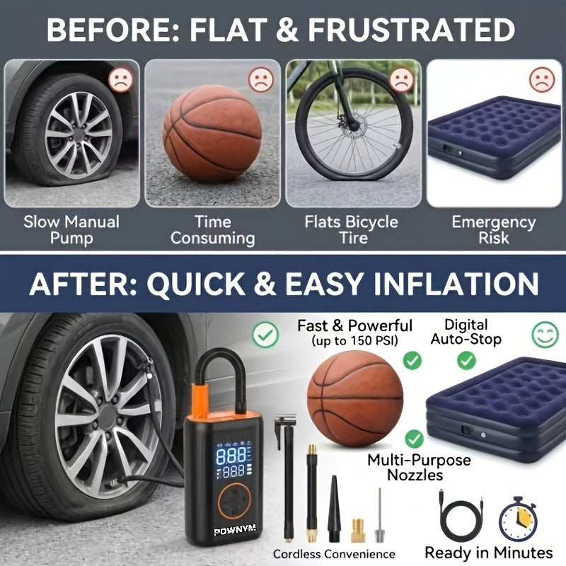 POWNYM  A7 Portable tire inflation pump  LED lighting, inflation nozzle with multifunctional adapter
