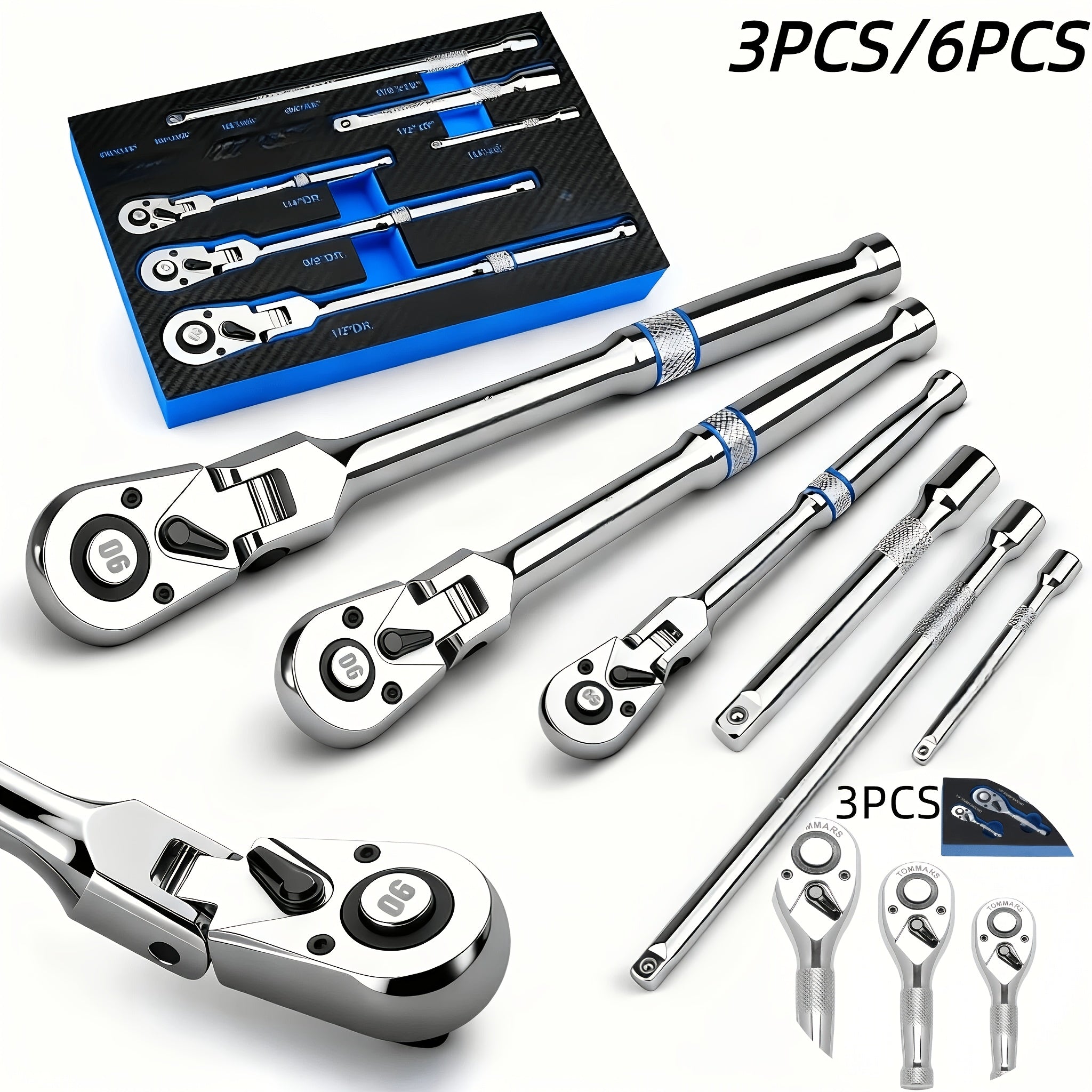 POWNYM Adjustable head ratchet wrench set, 72 teeth 1/4, 3/8, 1/2 inch drive ratchet wrench, with 180 ° rotation function and quick release design