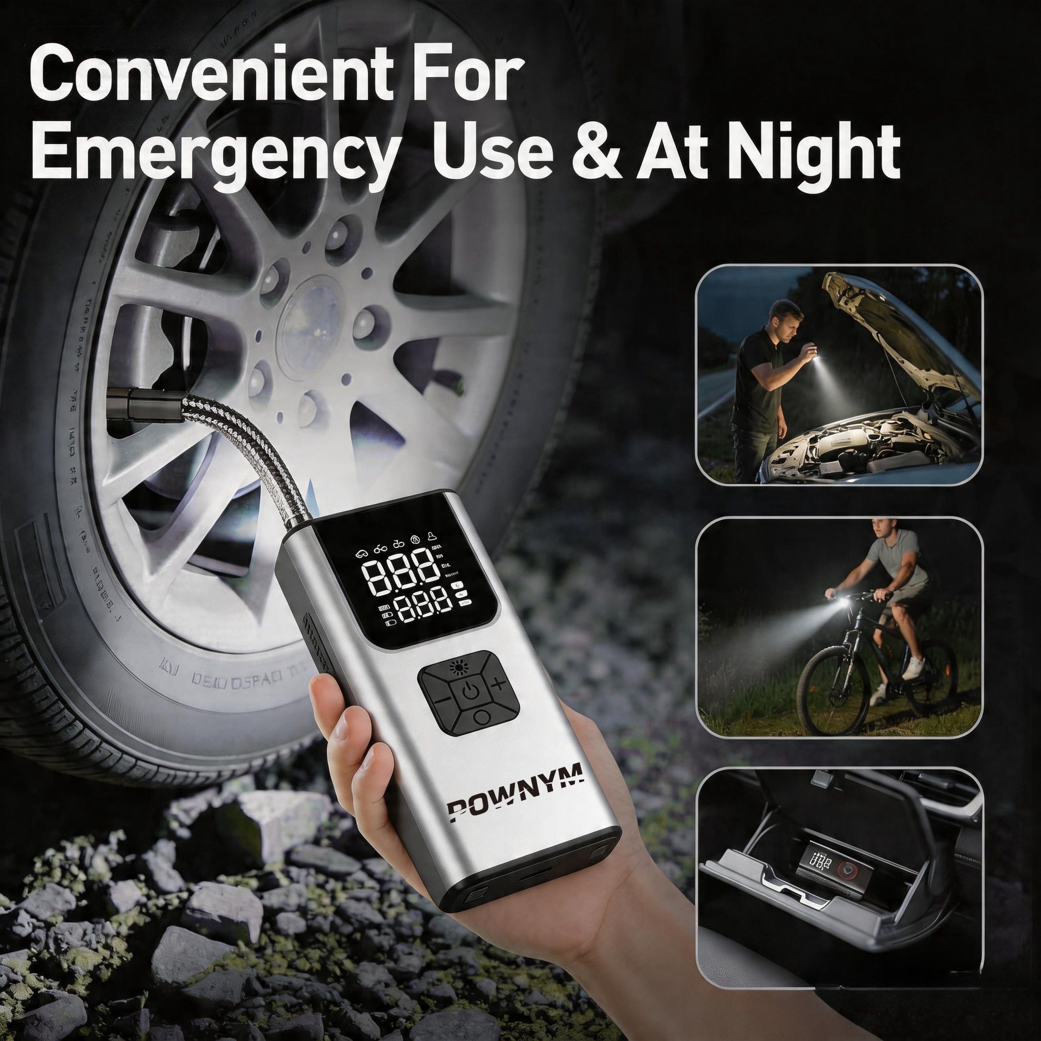 POWNYM A4 Heavy-Duty Wireless Tire Air Compressor with Accurate Built-in Tire Pressure Gauge