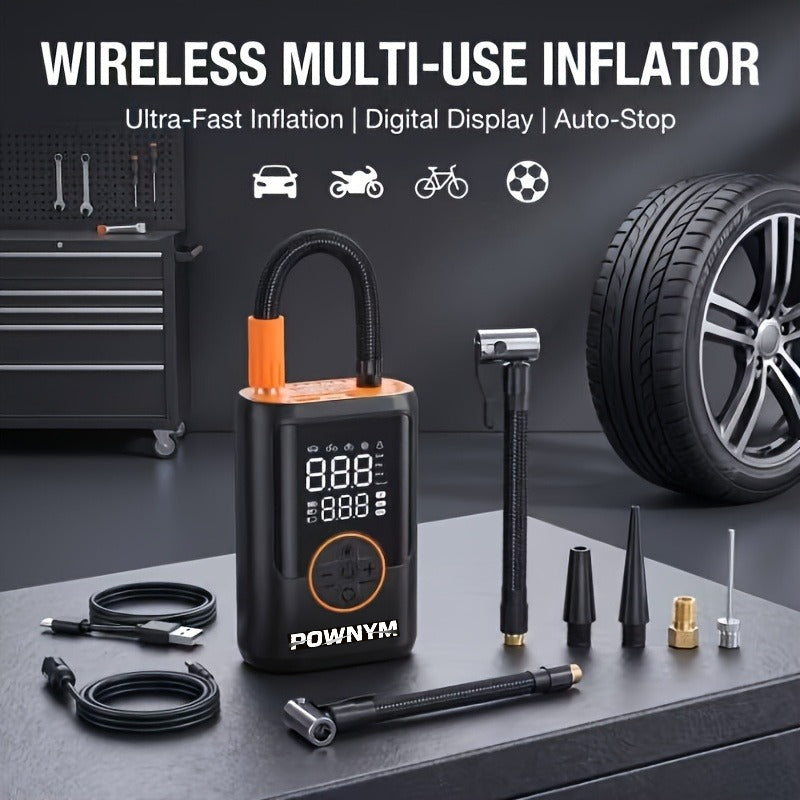 POWNYM  A7 Portable tire inflation pump  LED lighting, inflation nozzle with multifunctional adapter