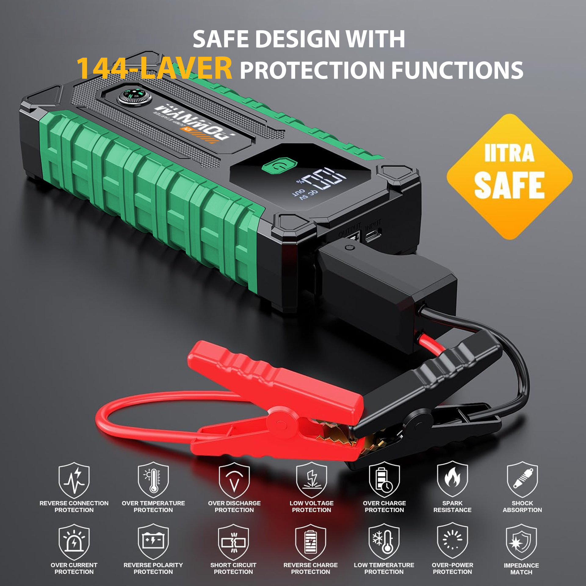 POWNYM G987 Car Battery Jump Starter with 6000A Battery Pack for Up to 6.0L Gas & 3.0L Diesel Engines, 3 Modes Flashlight and Jumper Cable, 12V