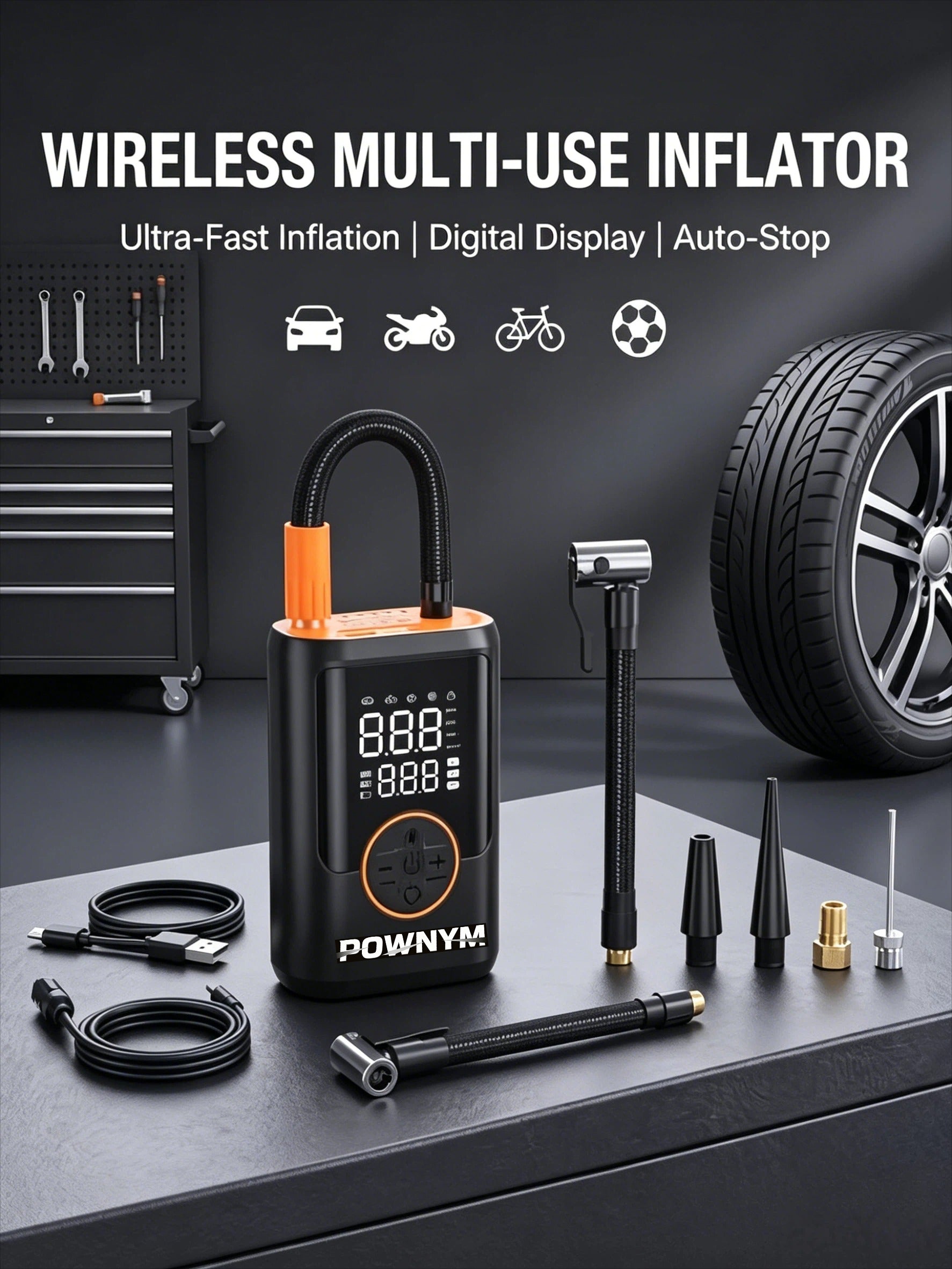 POWNYM  A7 Portable tire inflation pump  LED lighting, inflation nozzle with multifunctional adapter