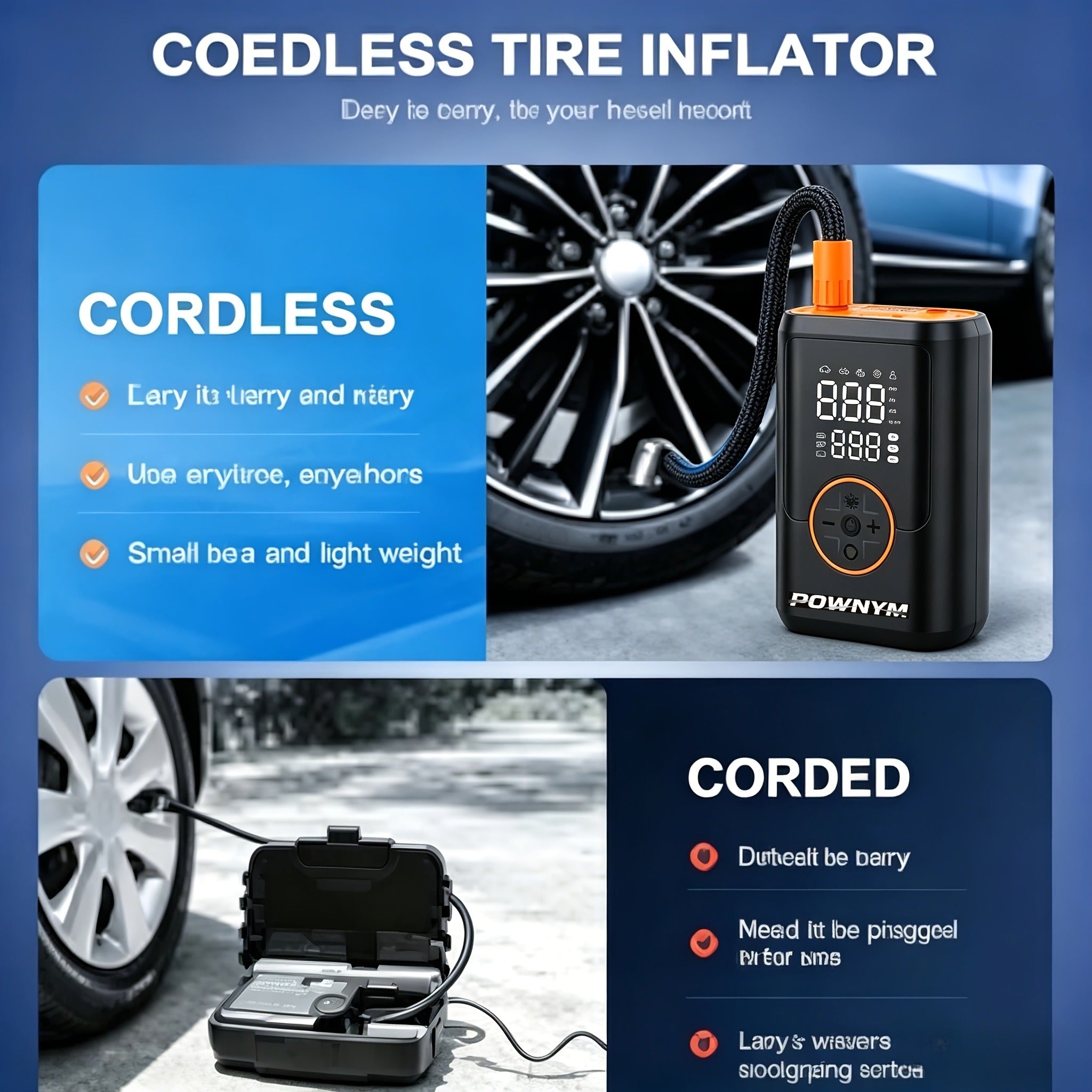 POWNYM  A7 Portable tire inflation pump  LED lighting, inflation nozzle with multifunctional adapter