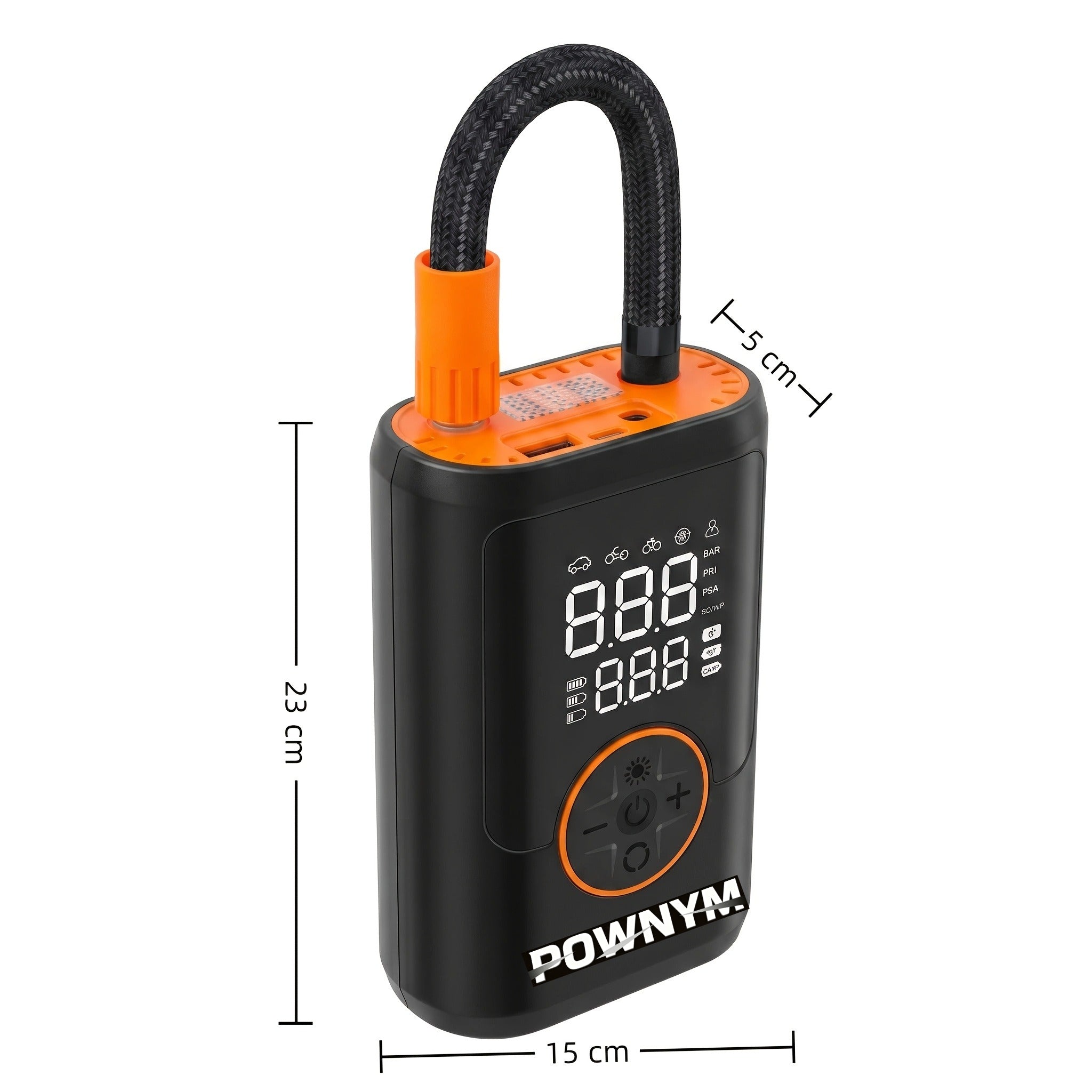 POWNYM  A7 Portable tire inflation pump  LED lighting, inflation nozzle with multifunctional adapter