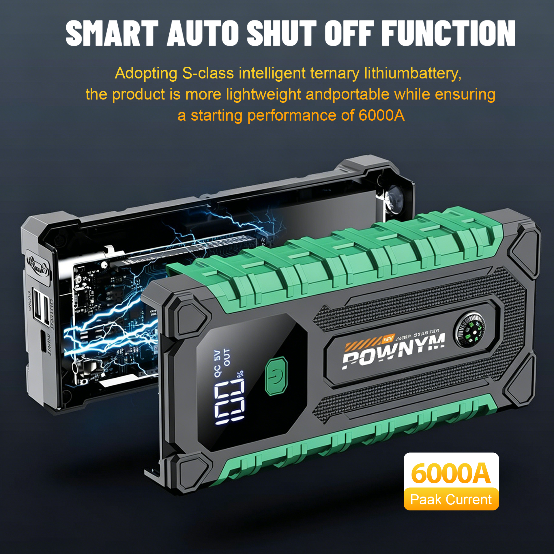 POWNYM G987 Car Battery Jump Starter with 6000A Battery Pack for Up to 6.0L Gas & 3.0L Diesel Engines, 3 Modes Flashlight and Jumper Cable, 12V