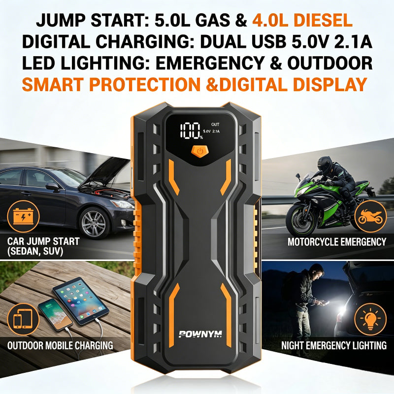 POWNYM DN31 Compact Auto Jump Starter 9200A Power Pack for 7.2L Gas & 3.5L Diesel, 3 Bright Light Modes & Premium Jumper Clamps, 12V