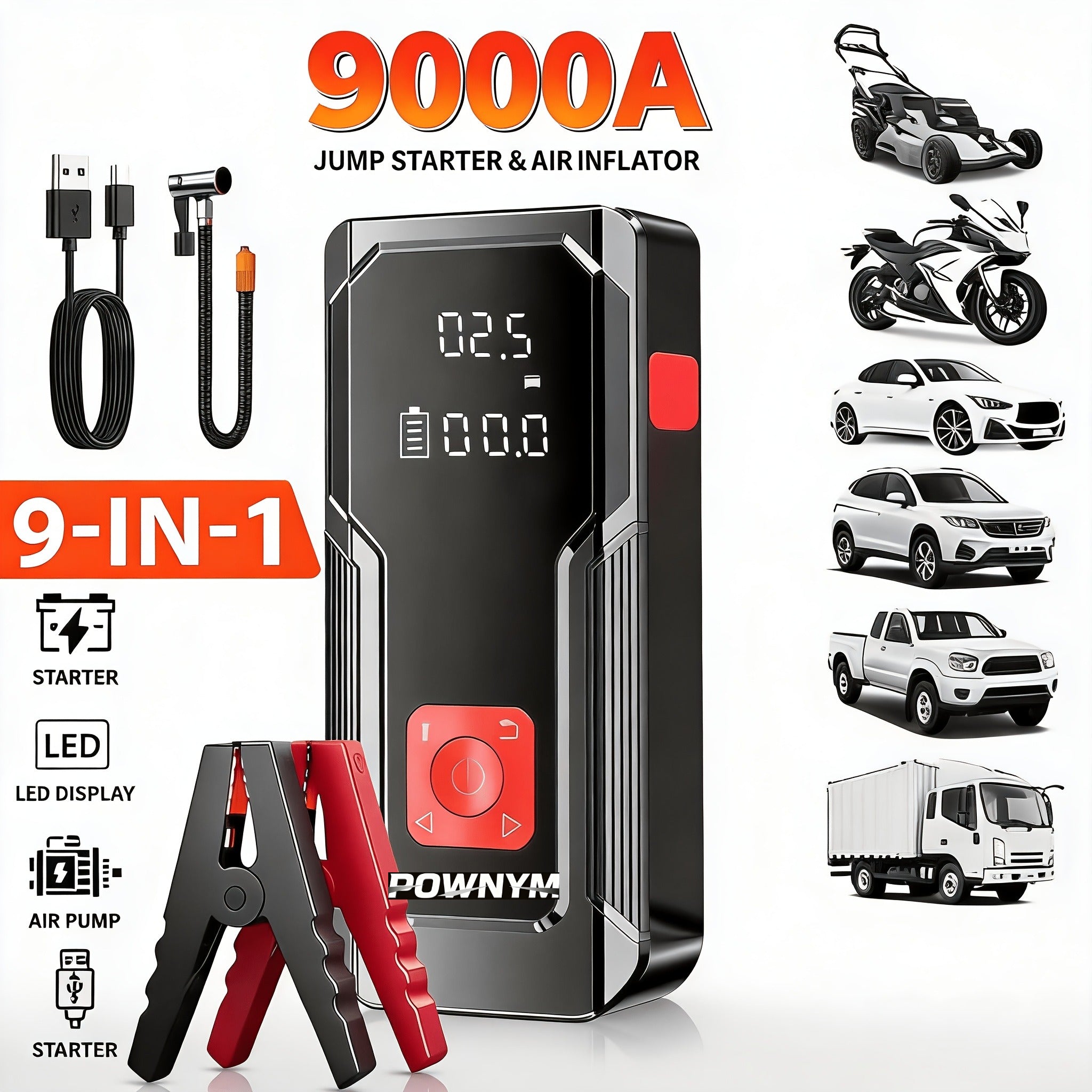 POWNYM QB08X  Air Portable Jump Starter with Air Compressor 150 PSI & 4000A Car Battery &12V Battery Charger Booster (6.0 Gas/3.0L Diesel)