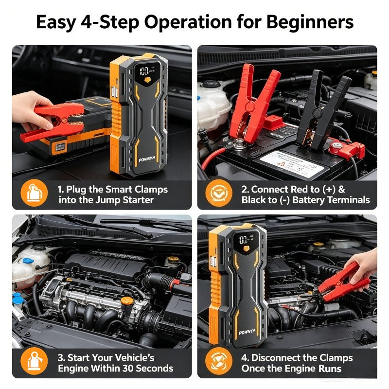 POWNYM DN31 Compact Auto Jump Starter 9200A Power Pack for 7.2L Gas & 3.5L Diesel, 3 Bright Light Modes & Premium Jumper Clamps, 12V