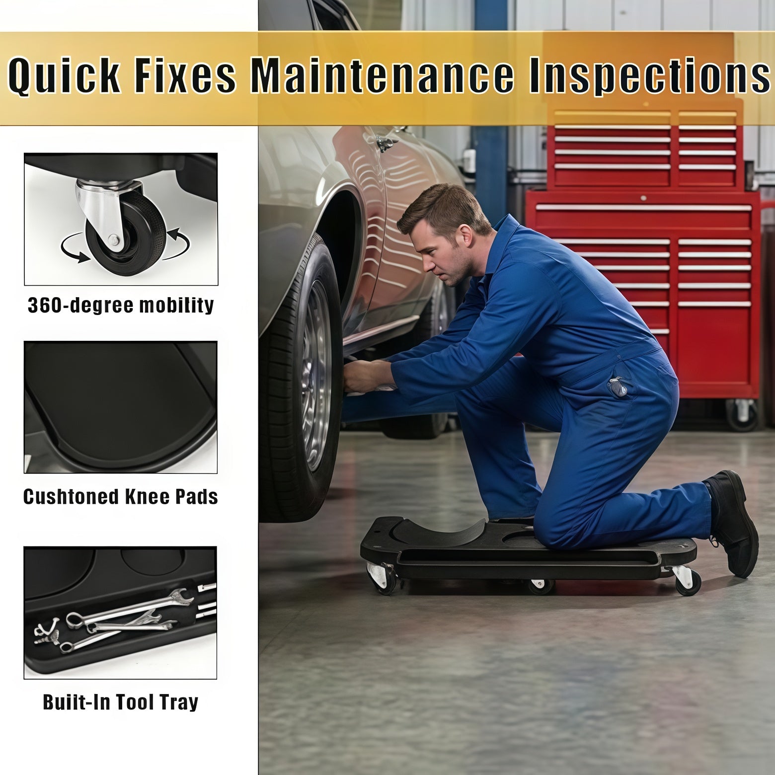POWNYM GB01 Rolling knee pads with wheels for car repair  Multi functional with built-in tool tray