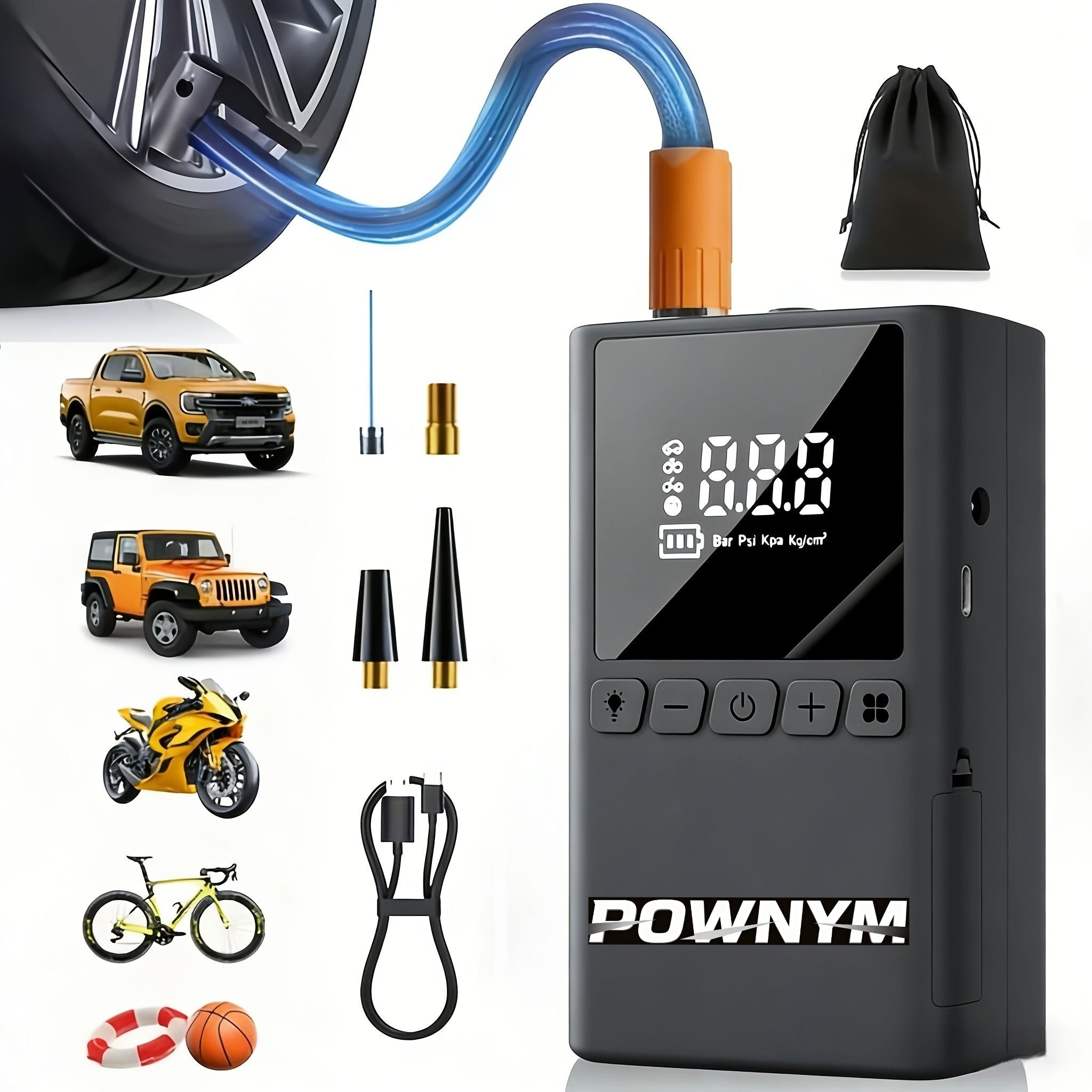 POWNYM 250A Portable Wireless Electric Air Compressor with Precision Tire Pressure Gauge for Vehicle Tires