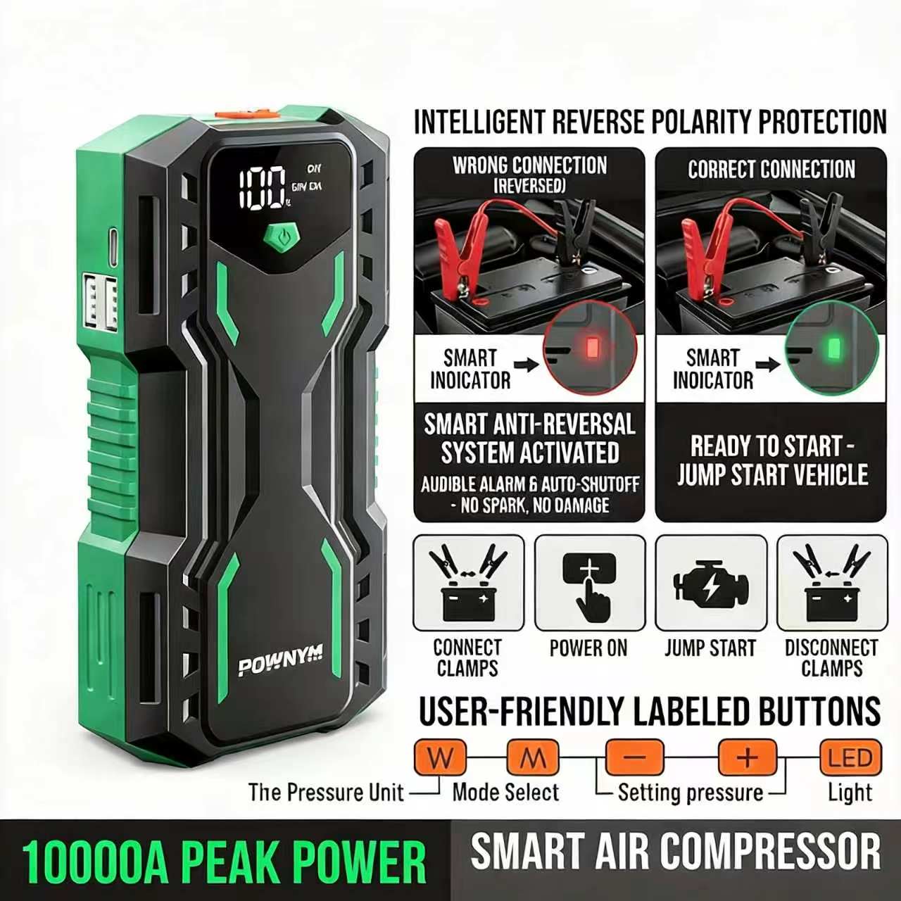 POWNYM DN31 All-in-One Car Battery Jumper Starter 8500A Power Bank for 7.0L Gas & 3.6L Diesel, Multi-Mode Emergency Light