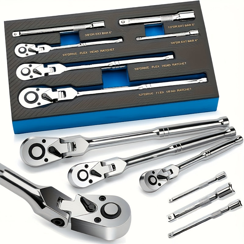 POWNYM Adjustable head ratchet wrench set, 72 teeth 1/4, 3/8, 1/2 inch drive ratchet wrench, with 180 ° rotation function and quick release design