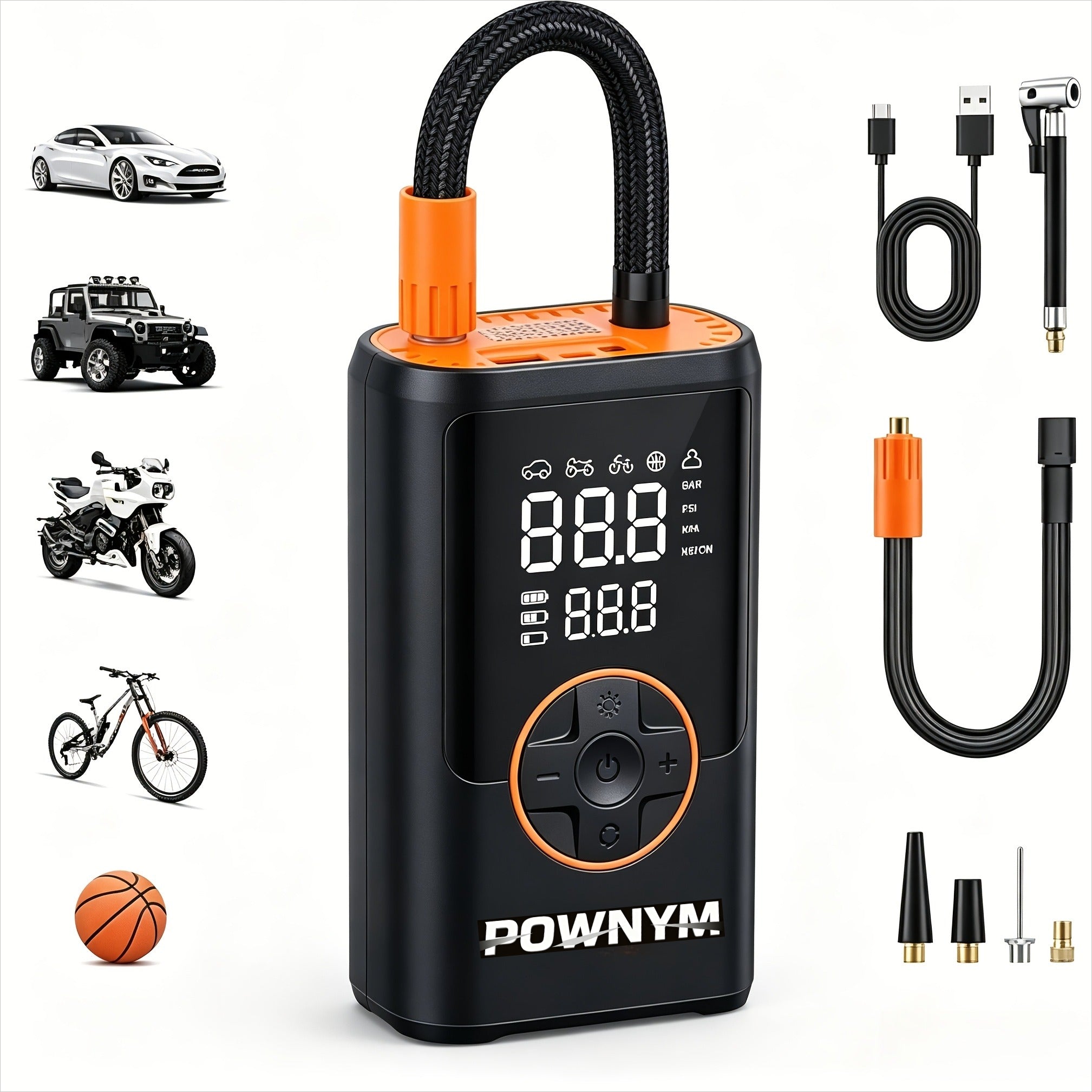 POWNYM  A7 Portable tire inflation pump  LED lighting, inflation nozzle with multifunctional adapter