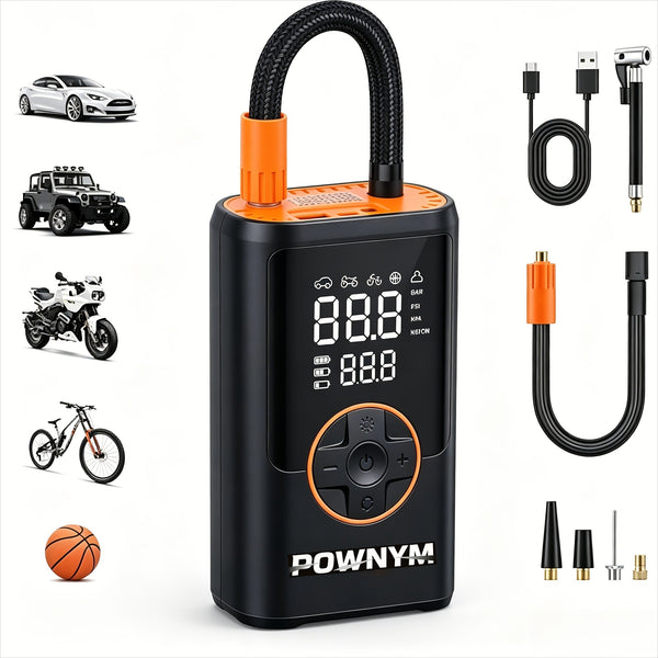 POWNYM  A7 Portable tire inflation pump  LED lighting, inflation nozzle with multifunctional adapter
