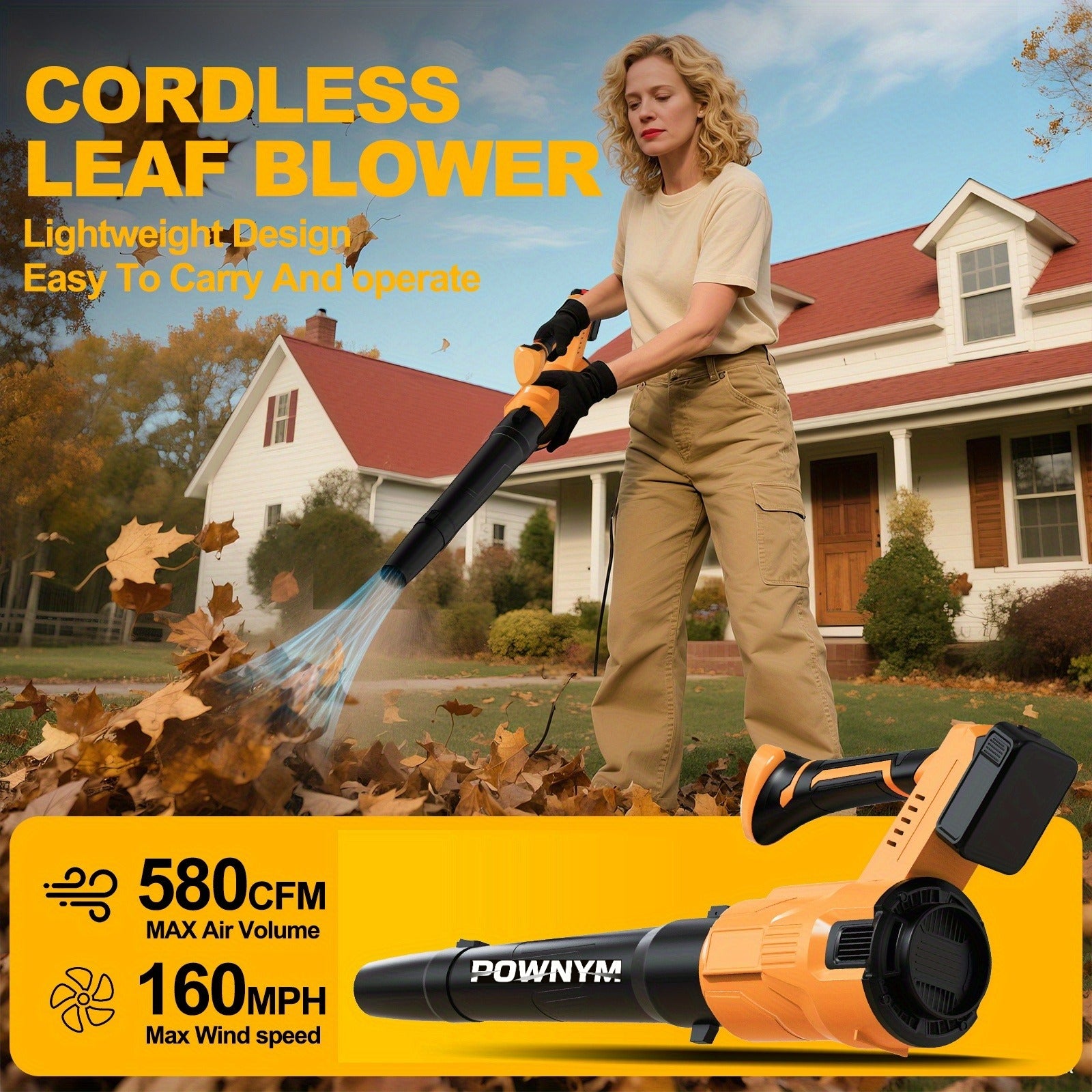 POWNYM High speed handheld storm machine, cordless blower, rechargeable dust collector, 580CFM/160MPH, 3 speed levels and extended nozzle - ergonomically designed anti slip handle